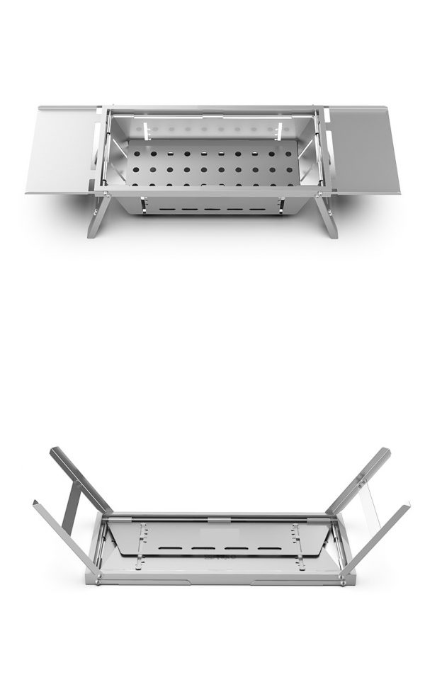 foldable grill with foldable legs, strong structure, dual ventilation design and dual storage deck